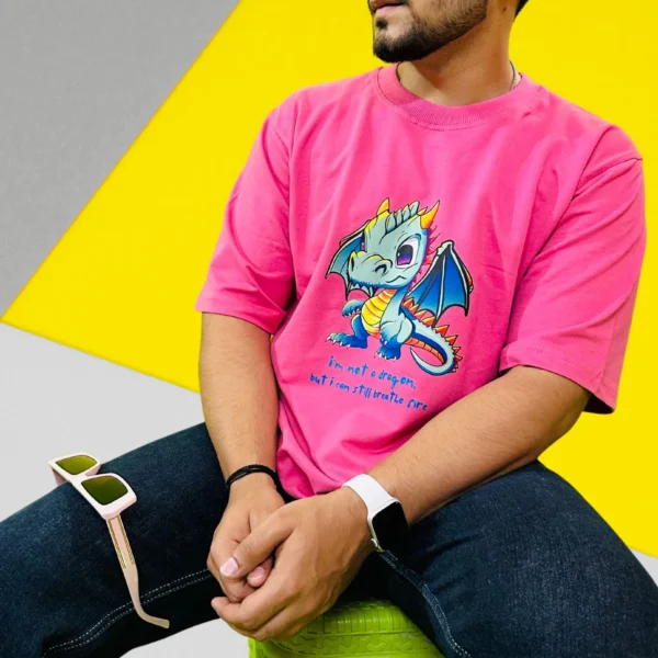 26_Dragon Printed Pink Oversized T Shirt For men. Trendy Pink Tee For Men (2) Dragon Printed Pink Oversized T Shirt For Men