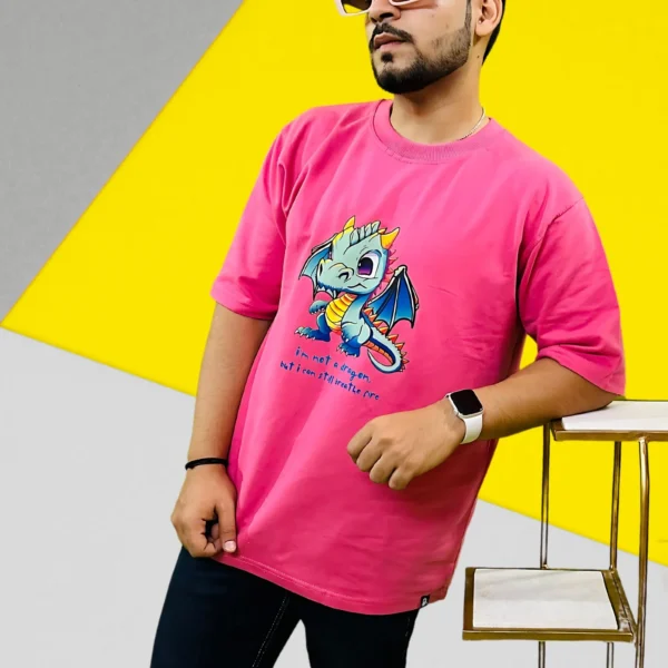 26_Dragon Printed Pink Oversized T Shirt For men. Trendy Pink Tee For Men (3) Dragon Printed Pink Oversized T Shirt For Men