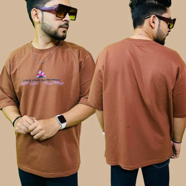 33_Men’s Brown Graphic Printed Oversized T-Shirt. Elevate Your Style with Trendy Comfortable Tee (2) Men's Brown Life is Short Buy the Shoes Oversized Tshirt