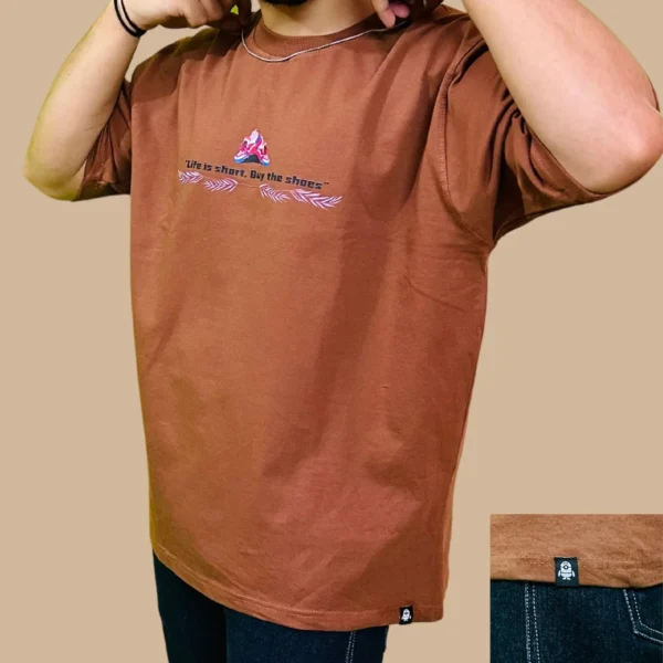 33_Men’s Brown Graphic Printed Oversized T-Shirt. Elevate Your Style with Trendy Comfortable Tee (3) Men's Brown Life is Short Buy the Shoes Oversized Tshirt