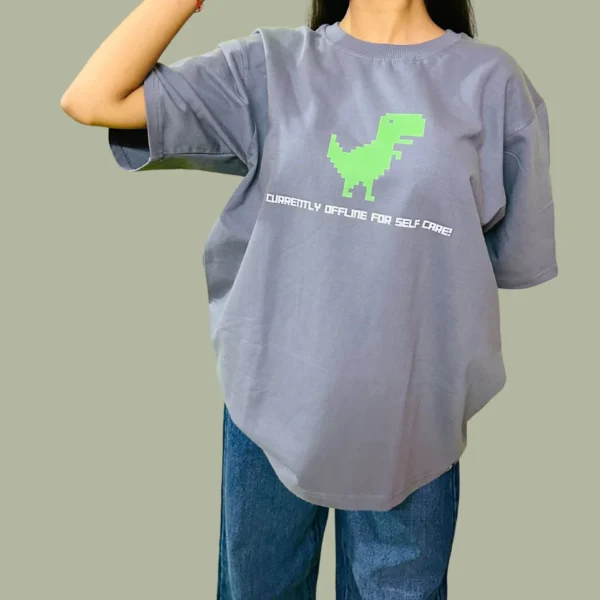 40_Women’s Dinosaur Printed Grey Oversized T-Shirt. Casual Graphic Tee (2) Women’s Dinosaur Printed Grey Oversized T-Shirt