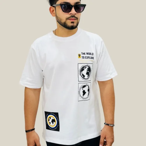 'The World to Explore' White Oversized Tshirt for men