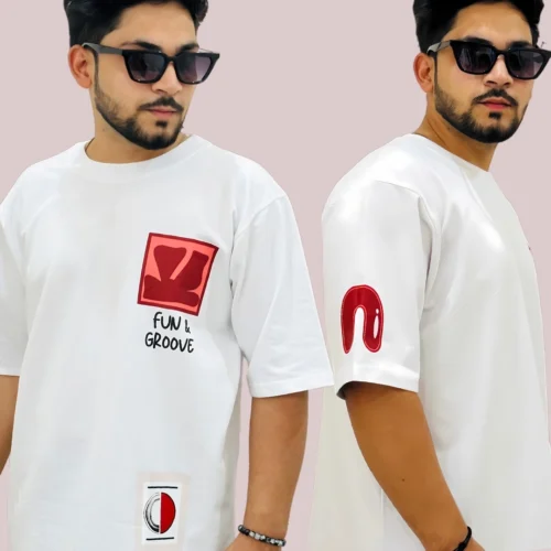 FUN AND GROOVE White Oversized T-Shirt for Men