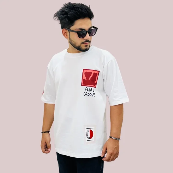 FUN AND GROOVE White Oversized T-shirt for Men FUN AND GROOVE White Oversized T-Shirt for Men