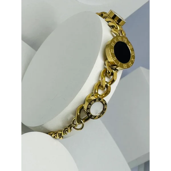 Gold Plated Bracelet with Black Enamel Charm and curb chain for Women