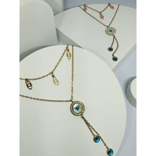 Double layered gold plated evil eye necklace for women